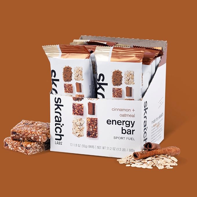 Skratch Labs Energy Bar | Cinnamon + Oatmeal (12 Pack) | Plant Based Healthy Snack | Low Sugar - 5g Protein | Non-GMO, Gluten Free, Soy Free, Vegan, Kosher