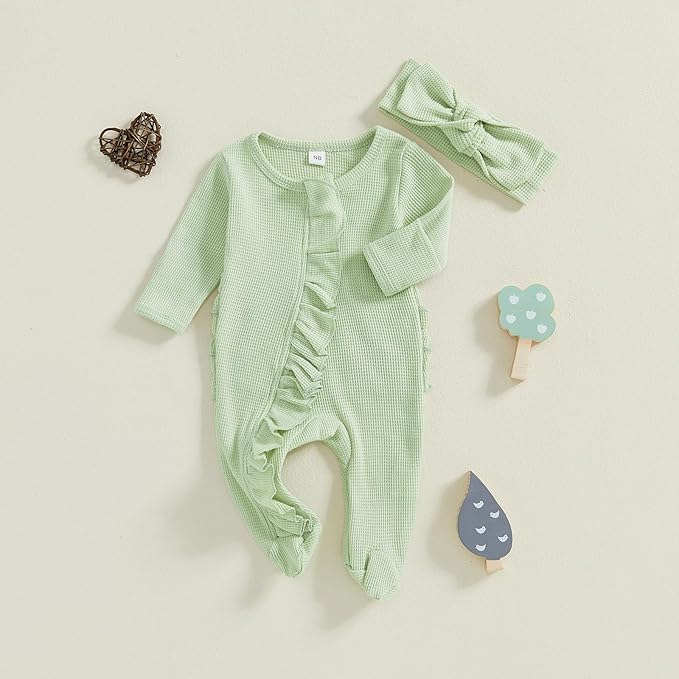 Fanvereka Newborn Infant Baby Girl Fall Outfit Romper 3 6 12 Months Girls Long Sleeve Full Length Zipper Footie Headband