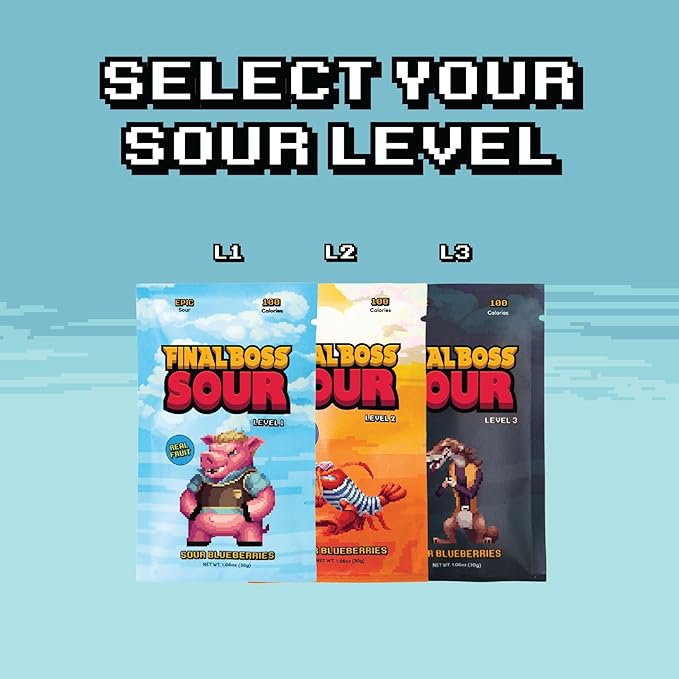 Final Boss Sour Candy, Sour Blueberries, 10 Pack, Level 1, Fruit Chews with Real Dried Fruit, No Artificial Colors or Flavors, Low Calorie Snack for Kids, Teens, Adults, Lunch Boxes & On The Go