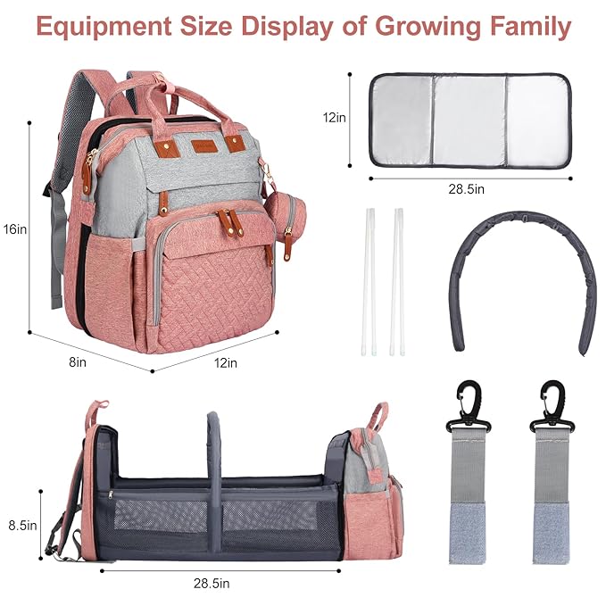JOYCE Diaper Bag Backpack, with Changing Table Backpack, 900D Oxford Cloth, Large Capacity Diaper Backpack, 3 in 1 Multifunctional Travel Baby Diaper Backpack (pinkish gray)