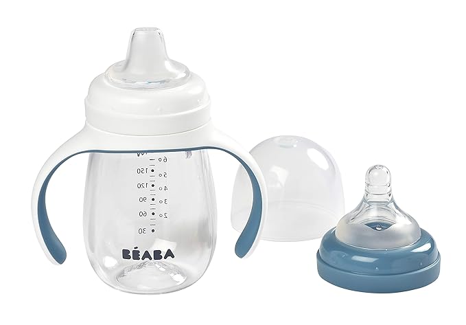 BEABA 2-in-1 Baby Bottle to Transition Sippy Cup, No Spill Sippy Cup, Includes Removable Handles, Silicone Baby Bottle Nipple and Soft Spout, 7 oz (Rain)