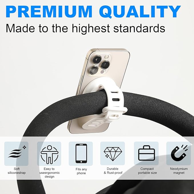 Stroller Phone Holder Universal Phone Holder for Stroller Strong magnetic phone holder with adjustable strap, stable and safe, compatible with fitness equipment, strollers, shopping carts, White