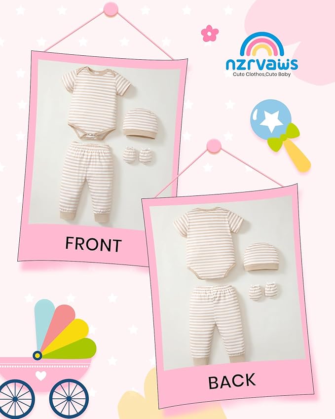 NZRVAWS Newborn Baby Boy Girl Clothes Unisex Infant Romper Pants Set Hat 4-Pack Outfits 0-12 Months 16 Pieces Toddler