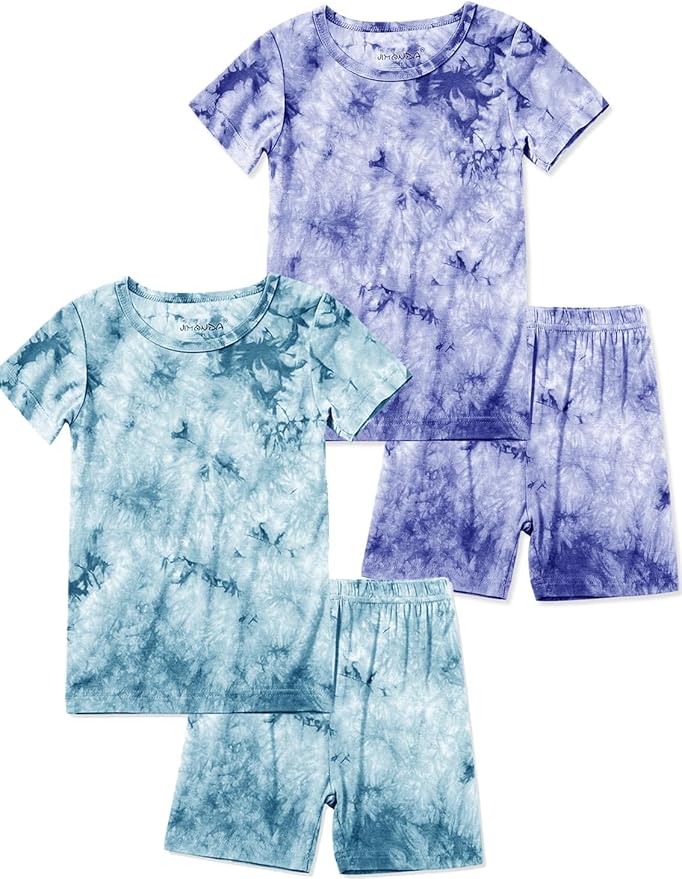 Jimonda Kids Soft Rayon From Bamboo Sleepwear Short Sleeve Boys Girls Pajama Outdoor 4-Piece tops&shorts Casual sets Tie PJ