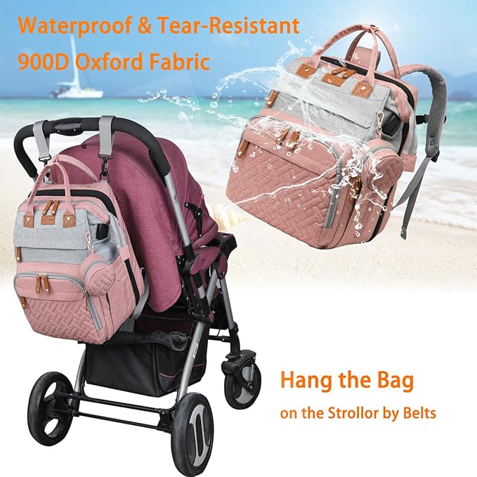 Baby Diaper Bags with Changing Station, Waterproof Diaper Bag Backpack for Moms Dads with USB Charging Port, Baby Shower Gifts, Large Capacity diaper backpack, Grey Pink