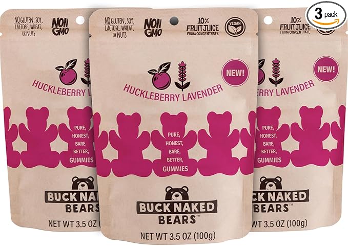 Buck Naked Bears - Huckleberry Lavender Gummy Bears - Soft, Smooth, and Sweeter Like a Fruit Snack - Plant-Based Gummies Good Snack Choice - Non-GMO - Clean Label Gummy Candy - Vegan 3.5oz 3-Pack