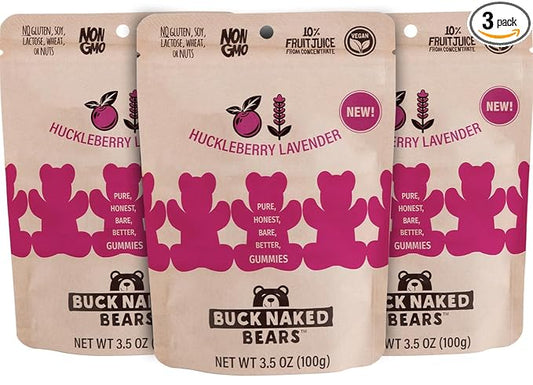 Buck Naked Bears - Huckleberry Lavender Gummy Bears - Soft, Smooth, and Sweeter Like a Fruit Snack - Plant-Based Gummies Good Snack Choice - Non-GMO - Clean Label Gummy Candy - Vegan 3.5oz 3-Pack