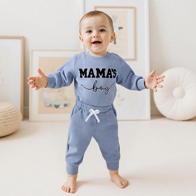 Kupretty Baby Boy Clothes 3 6 12 18 Months Fall Winter Outfit Mama's Boy Embroidery Waffle Long Sleeve Romper Pants Set