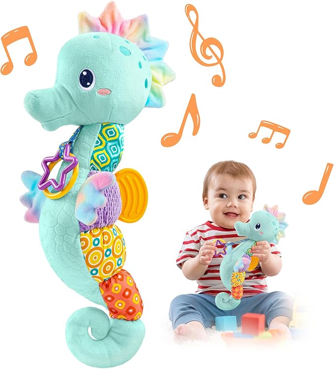 LIGHTDESIRE Baby Toys Musical Seahorse,Infant Stuffed Animal Toys with Crinkle and Rattles,Soft Sensory Toys with Textures for Tummy Time Newborn Boys Girls 0 3 6 12 Months(Blue)