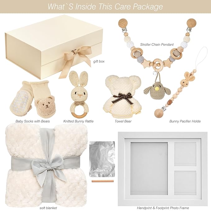 Deluxe Baby Gift Set for Newborn Boys & Girls – Handprint & Footprint Keepsake Frame, Knitted Blanket, Rattle, Socks, Pacifier Clip – in Gift Box