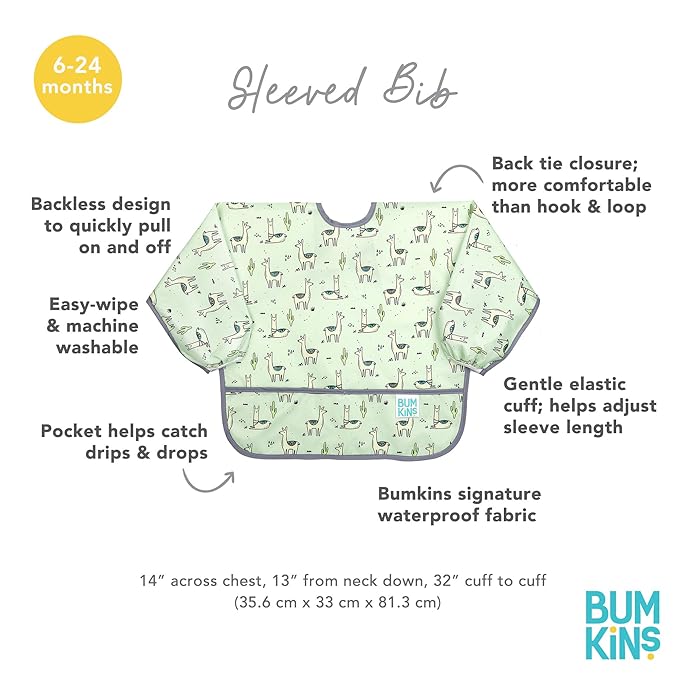 Bumkins Sleeved Bib for Girl or Boy, Baby and Toddler for 6-24 Mos, Essential Must Have for Eating, Feeding, Baby Led Weaning Supplies, Long Sleeve Mess Saving Food Catcher, Soft Fabric, Llama Green