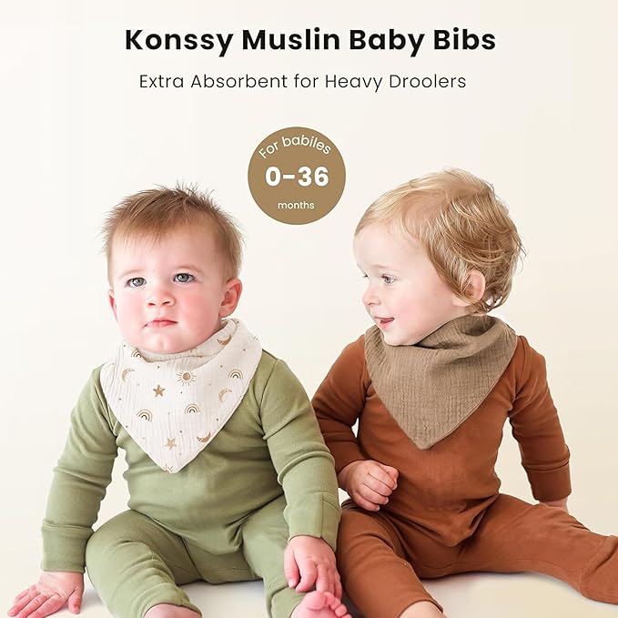 Konssy Muslin Baby Bibs 10 Pack Baby Bandana Drool Bibs 100% Cotton for Unisex Boys and Girls, Soft Absorbent Set for Teething and Drooling