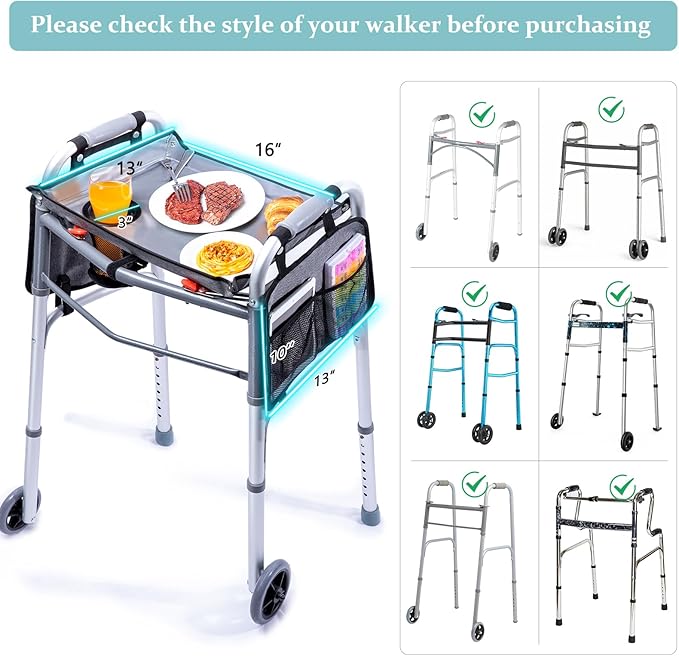 BAGSFY Walker Tray with Cup Holder & 2 Side Pockets, Folding Walker Table for Seniors | Sturdy, Easy-Clean Tray with PEVA Surface | Universal Fit for Standard Walkers, Walker Accessory for Elderly