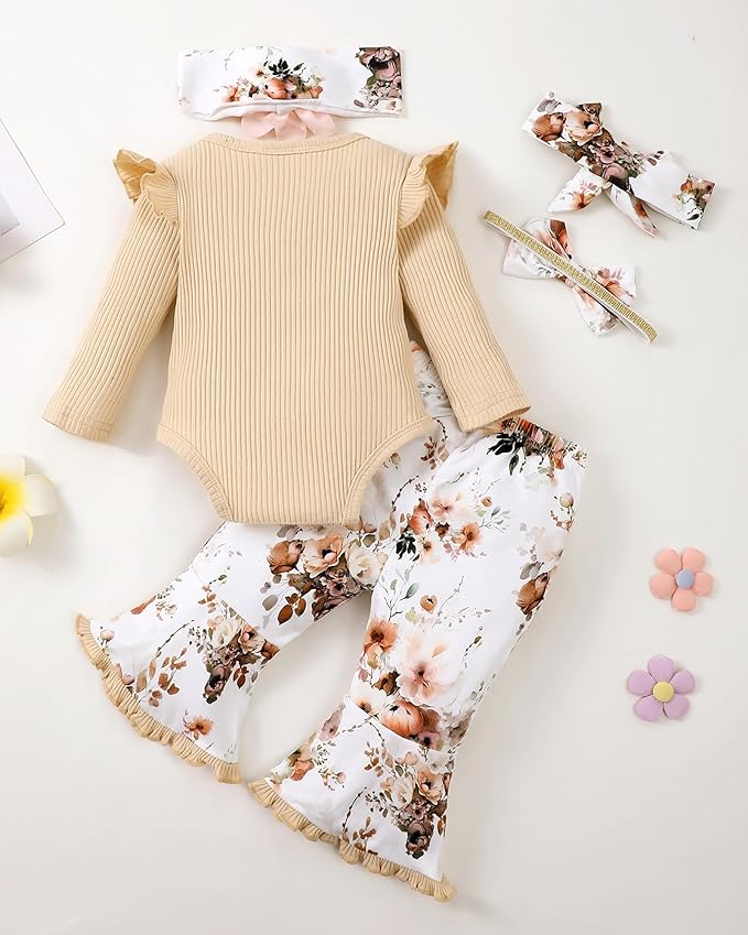 SUNNY PIGGY Newborn Baby Girl Clothes Infant Outfits Romper Floral Fall Outfit Bell Bottoms Pant Sets Hat Headband Flowerpant