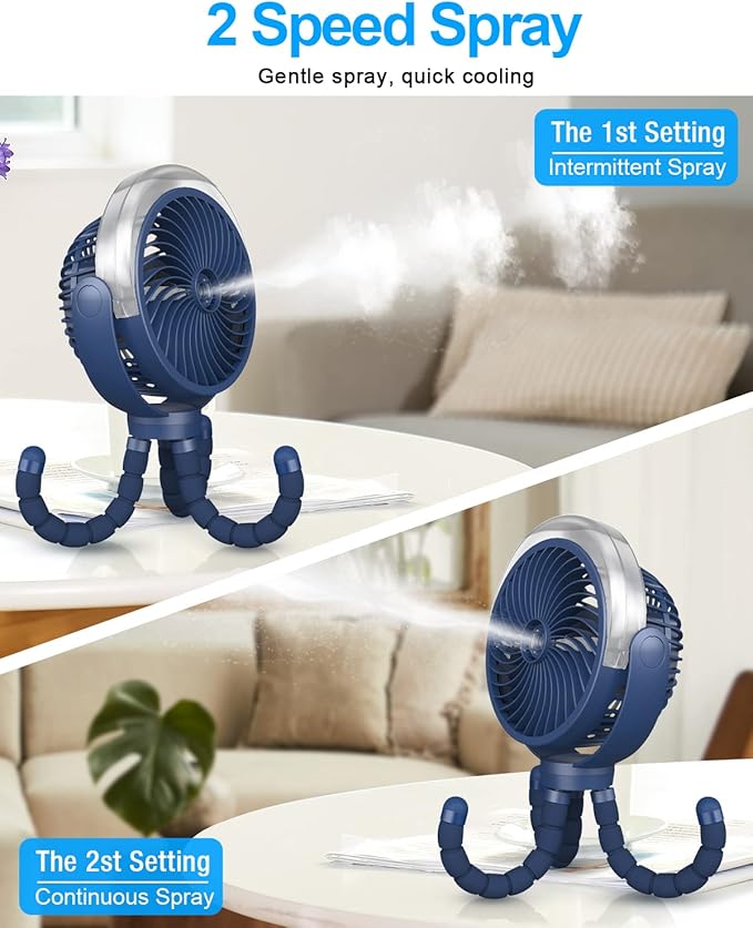 Misting Stroller Portable Fan, 6000mAh Battery Operated Fan with 3-Speed, 360° Rotation, LED Light, Flexible Tripod for Baby, Dark Blue