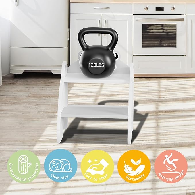 Frog-Themed Toddler Step Stool, 2-Step Stool for Bathroom Sink & Potty Training, Kids Kitchen Helper Stool with Safety Handles (Natural Wood, 120lbs Capacity),Gray