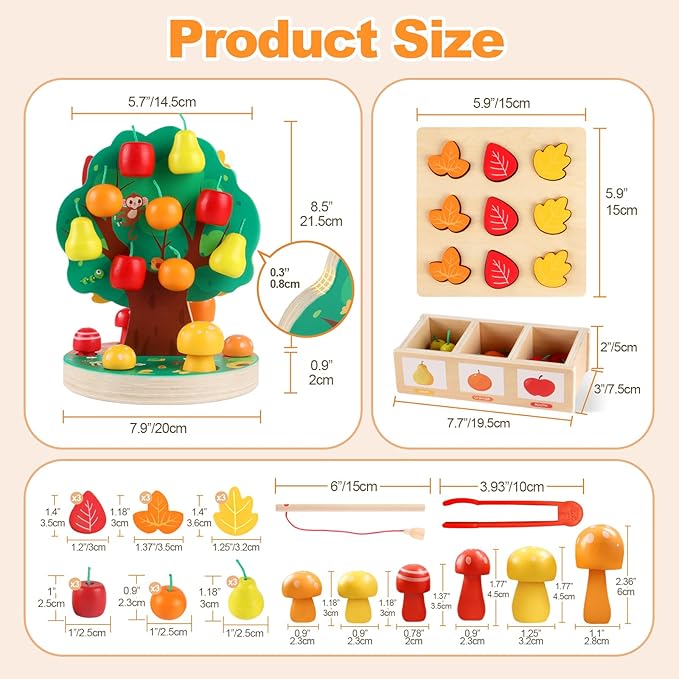 Montessori Toys for 3 4 5 6 Year Old - Wooden Sensory Toy for Toddlers - Shape Sorting Puzzle for Fine Motor Skills - Apple Picking Magnetic Tree Toy,Hand-Eye Coordination,Color Recognition
