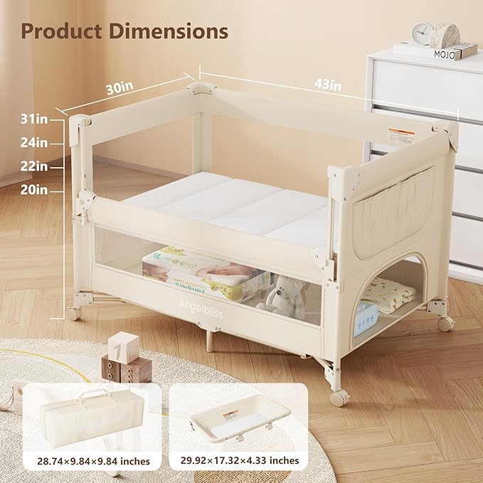 ANGELBLISS Baby Bassinet Bedside Crib, Pack and Play with Mattress, Diaper Changer, One-Push Setup Playards from Infants to Toddlers (Beige)