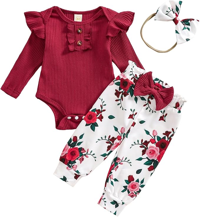 Baby Girls Clothes Ribbed Romper Bodysuit Pants Headband Set Fall Winter Outfits