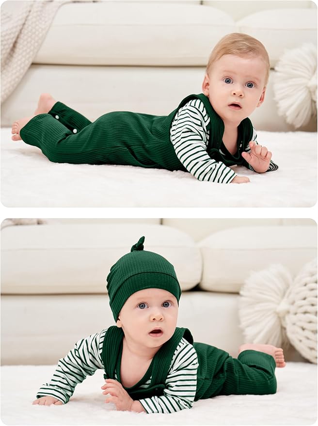 oklady Baby Boy Clothes Stripe Pattern Print Romper Top and Baby Overalls with Hat 0-18 Months Baby Boy Outfits
