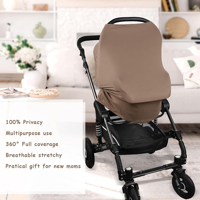 TANOFAR Car Seat Cover for Baby, Multi-Use Cover Carseat Canopy, High Stretchy & Breathable Infant Carseat Cover, Shower Gifts for Unisex Boys and Girls (Brown)