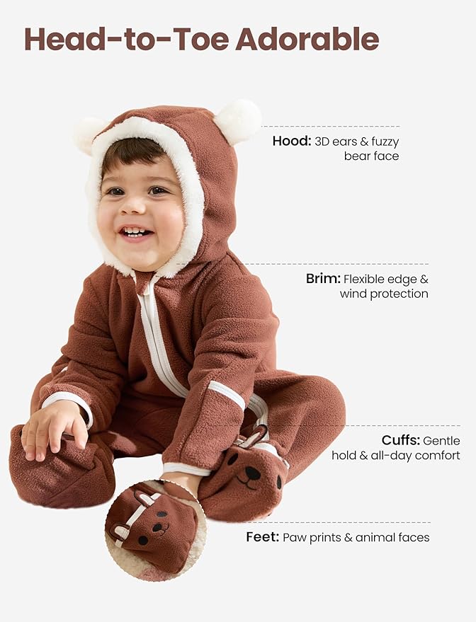 PATPAT Fleece Hooded Footed Romper Clothes, Soft Warm Footie Covers, Car Seat Friendly, Easy Zip, Cute Boy Girl