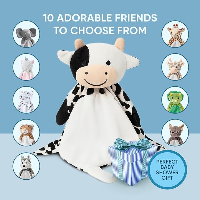 Love By Emi Baby Music Lovey Black & White Cow, Baby Sleep Soother for Crib & Cuddle Bedtime, White Noise with Heartbeat & Lullaby, Plush Sound Toy, Stuffed Animal for Newborns, Infants & Toddlers