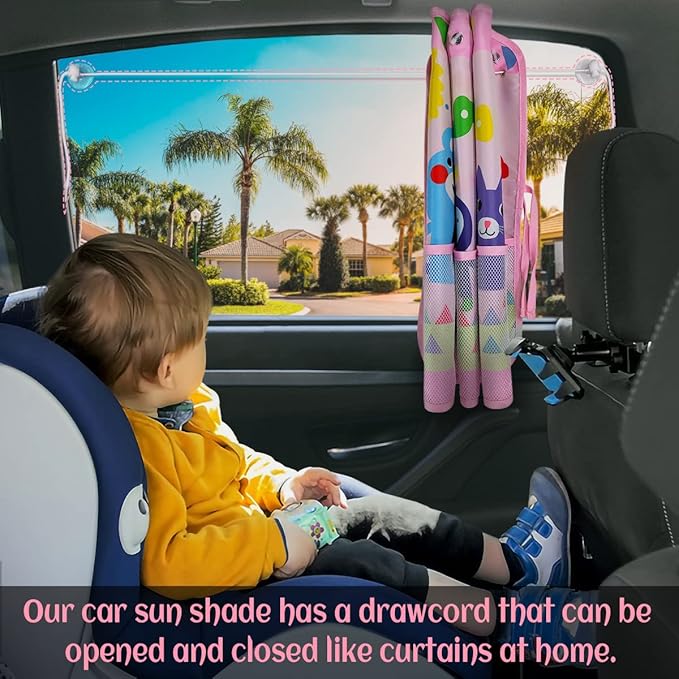 Car Sun Shade for Window Baby (2 Pack), Blackout Window Shades with Storage Net Pocket, 7 Suction Cups, Cute Patterns for Sun/Heat/UV Rays Block