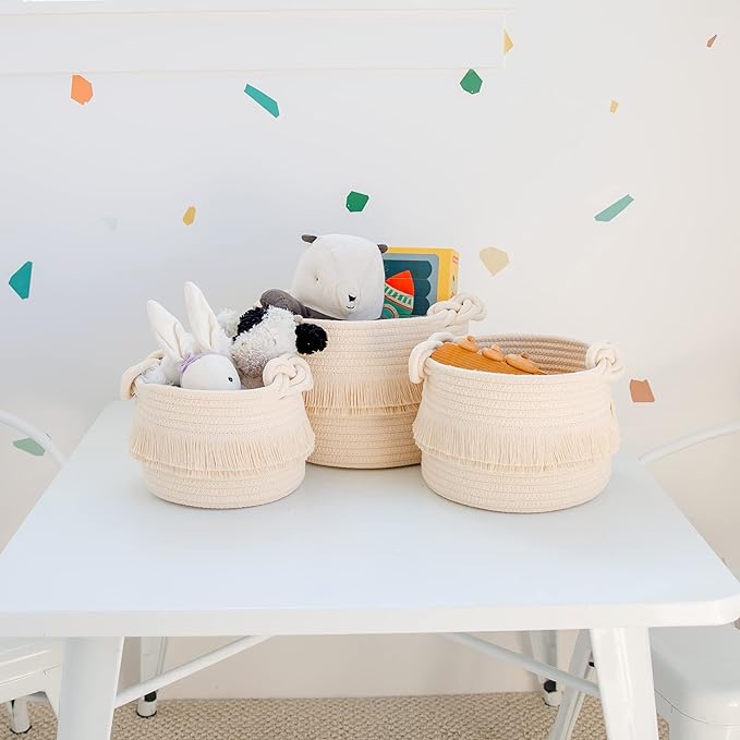 NaturalCozy 3-Piece Boho Decor Storage Basket Set – Cotton Rope Woven Baskets for Organizing! Small Baby Stuff, Shower, Gift Basket, Nursery Planter, Toy Shelves