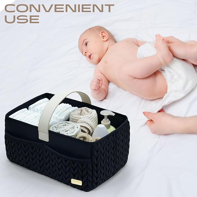 Luxurious Baby Diaper Caddy, Nursery Storage Basket for Newborn Essentials, Travel Baby Basket for Diapers Baby Wipes, Organizer Tote Bag Storage Bin, Baby Shower Gifts(black)