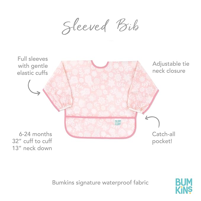 Bumkins - Sleeved Bib - For Boys & Girls, Babies & Toddlers 6-24 Months - Lightweight, Durable, Waterproof - Long Sleeve Bib - Catch-All Pocket - Wipeable & Machine Washable - Floral & Lace - 2 Pack