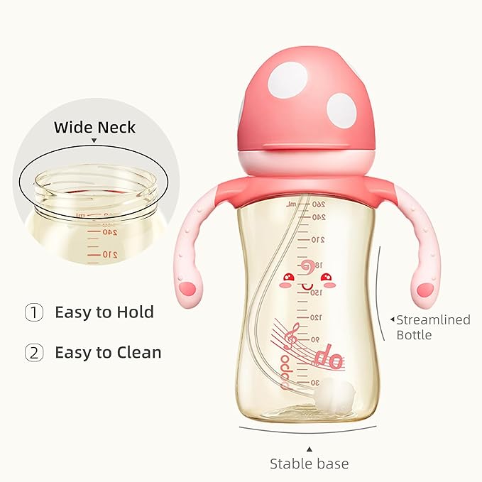 YOHKOH Natural PPSU Baby Bottle with Natural Response Nipple, Newborn Anti-Colic Baby Bottles with Handle, Wide Neck Mushroom Cap Baby Bottle (8.8oz (Pack of 2), Red1)