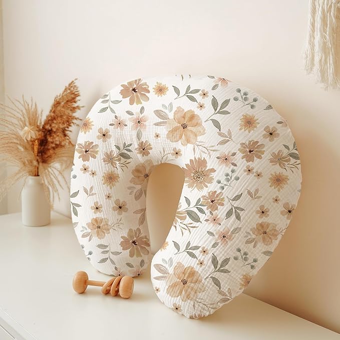 Konssy 2-Pack Muslin Nursing Pillow Covers, Soft & Adorable Nursing Covers for Breastfeeding Pillows, Slipcovers for Newborn Boys & Girls(Toffee, Flourish)