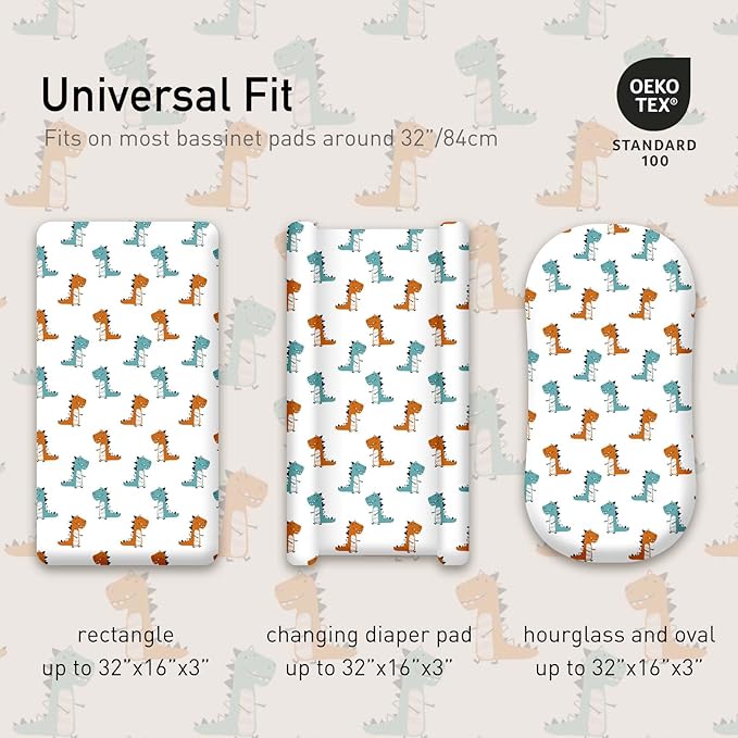 Gllquen Baby Bassinet Sheets 4 Pack, Breathable Cozy Fitted Mattress Sheet, Elastic Travel Crib Fashionable Floral Pattern, Standard Cradle Safe Sheets for Baby Boys Girls 32"x16"(Dinosaur)