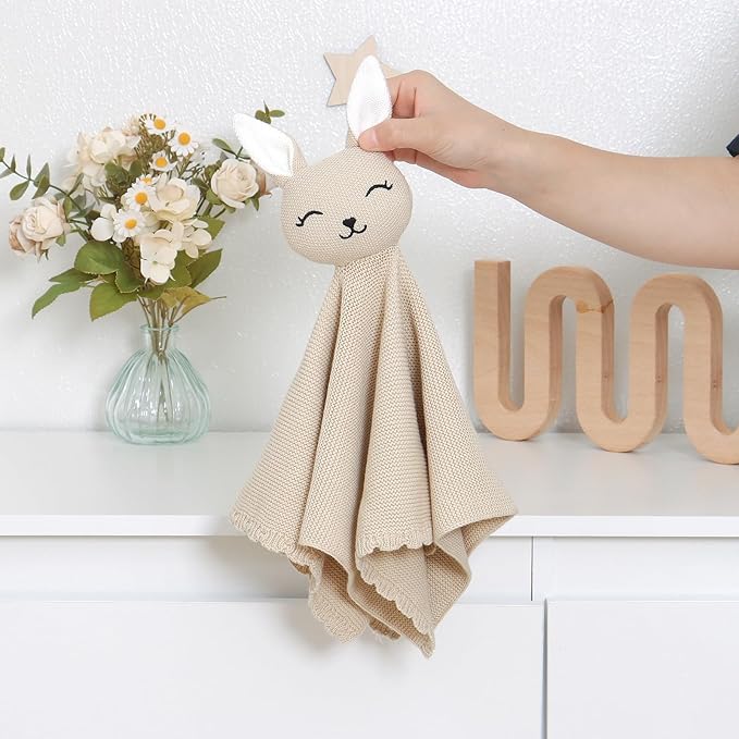 LAWKUL Bunny Lovey Baby Blanket Soft Cuddly Security Blanket Knit Snuggle Comfort for Newborns Toddler Boy Girl Camel 16x16in