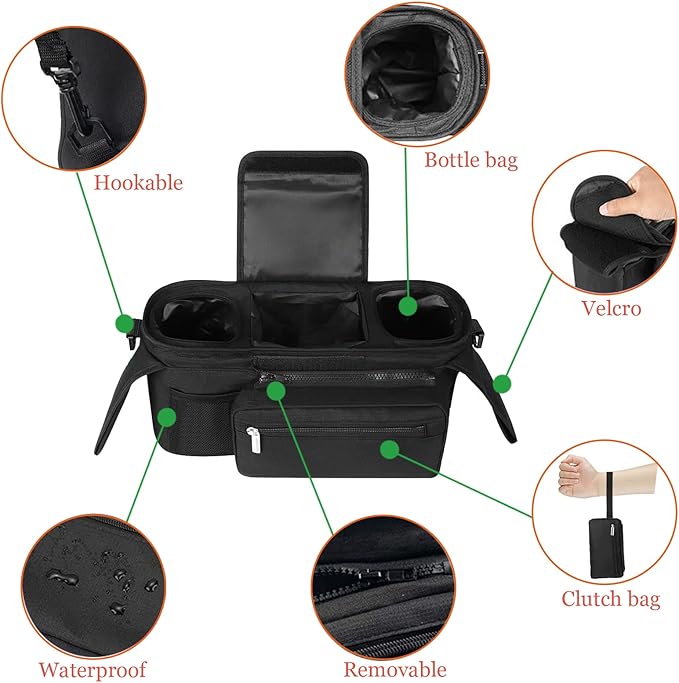 HOINCO Universal Baby Stroller Organizer，with Heightened Insulated Cup Holder,Detachable Phone Bag,Shoulder Strap and Mesh Bag，Fits Most Strollers.