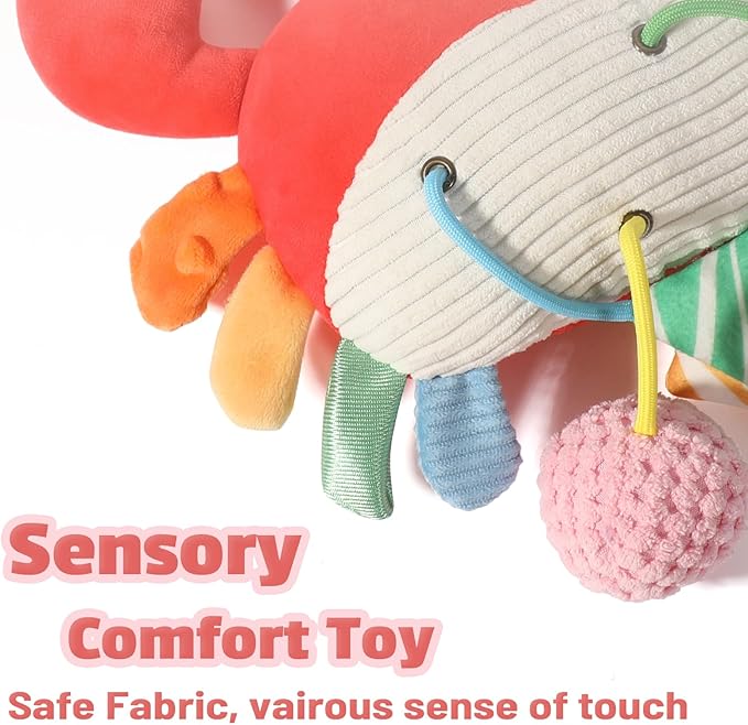Baby Car Seat Toys 0-6 Months - Crib & Stroller Hanging Crab Attachment with Clip, Rattles and Teether, Travel Comfort Toy for Newborn Infant Gifts