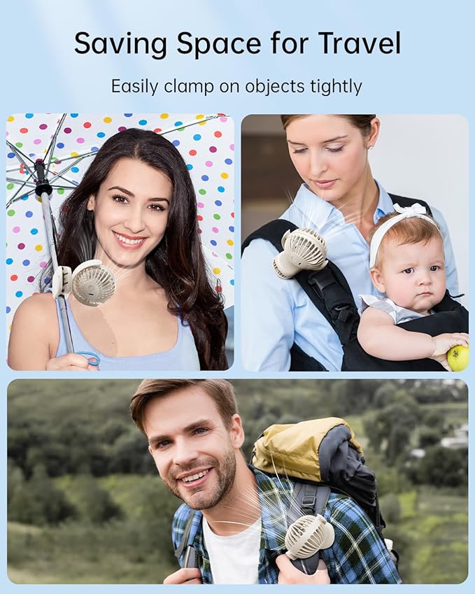 SWEETFULL Mini Clip on Fan - Portable Rechargeable Personal Fan with Strong Clamp, 3 Speeds, 11Hrs Cooling, Cute Small Desk Cooler for Stroller Bed Pet Carriers Umbrell Travel Outdoor - Beige