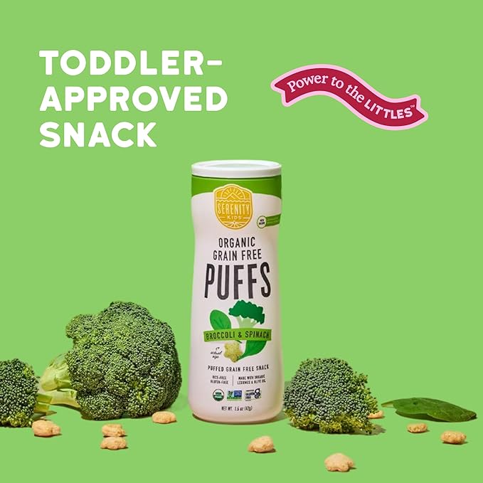 Serenity Kids 6+ Months Grain-Free Allergen-Safe Puffs for Toddlers & Babies - No Grains, Gluten, Nuts, Rice - Organic Veggies, Legumes, Olive Oil (1.5 Ounce (Pack of 6), Broccoli & Spinach)