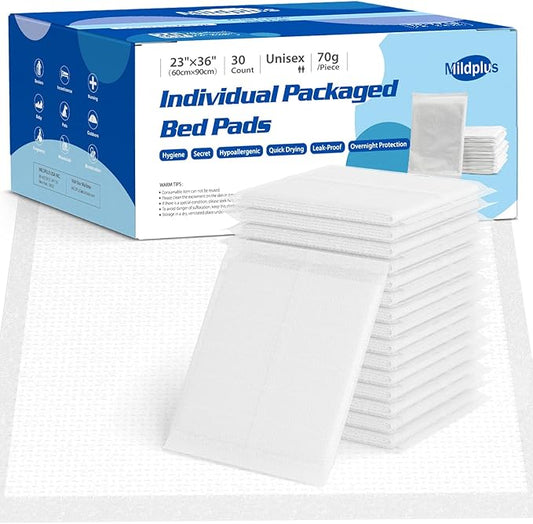 23"X36" Individually Wrapped Premium Disposable Pad Heavy Duty 70 Grams Underpads Disposable Incontinence Chucks Bed Pads for Adult, Kids or Pets (30 PCS)