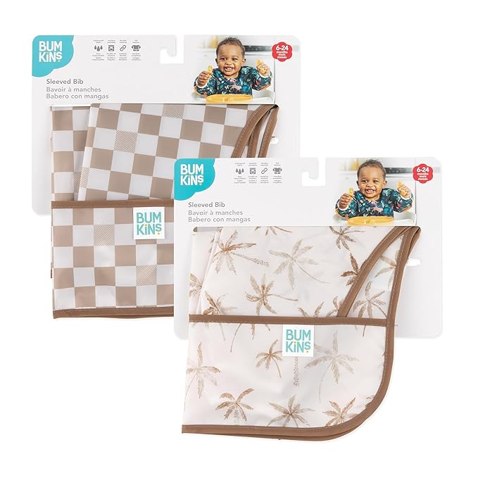 Bumkins - Sleeved Bib - For Boys & Girls, Babies & Toddlers 6-24 Months - Lightweight, Durable, Waterproof - Long Sleeve Bib - Catch-All Pocket - Wipeable & Machine Washable - Checks & Palms - 2 Pack