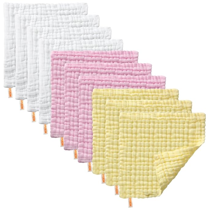 MUKIN Baby Washcloths - Natural Cotton Baby Wipes - Soft Newborn Baby Face Towel for Sensitive Skin- Baby Registry as Shower, 10 Pack 12x12 inches (Pink,Yellow,White)