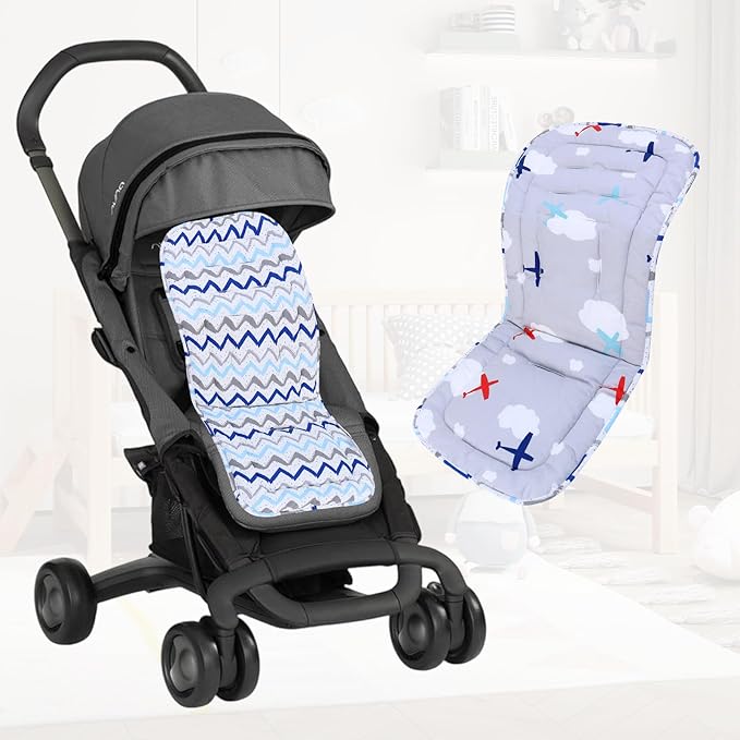 Baby Stroller Cushion,Infant Car Seat Insert-Reversible Universal Breathable and Soft Newborn Stroller Mat,100% Cotton Cover Toddler Seat Pad Liner-34x78cm,1 Pack(Gray Plane+Blue Stripes)