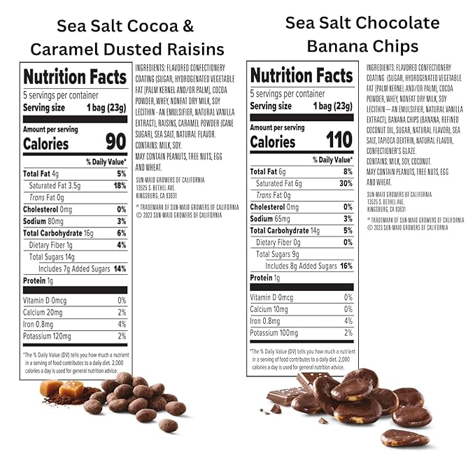 Sun-Maid Farmstand Reserve 24 Count Variety Pack - 0.8 oz Snack Bag – (12) Sea Salt Cocoa & Caramel Dusted Raisins + (12) Sea Salt Chocolate Coated Banana Chips (Amazon Exclusive)