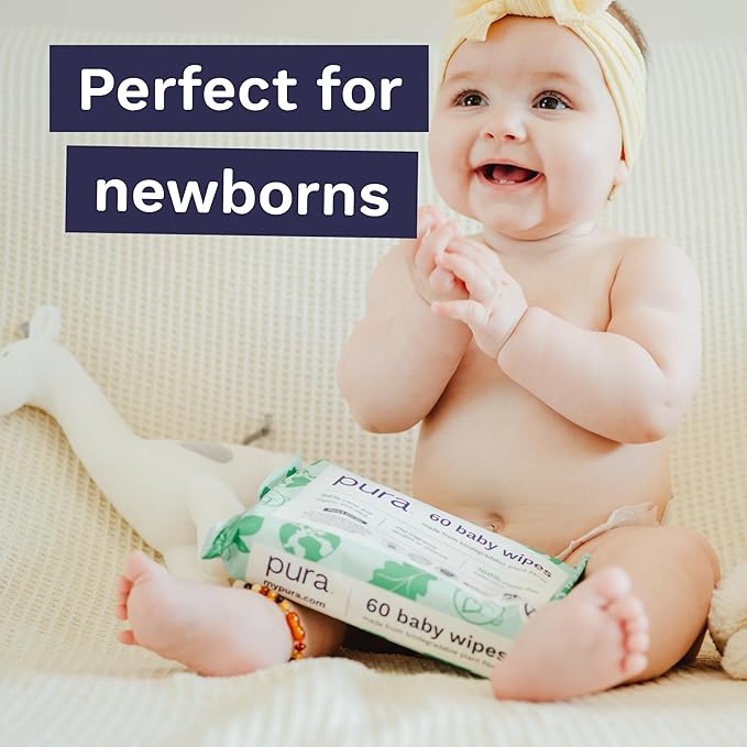 Pura Natural Sensitive Baby Wipes, 99% Water, Unscented & Hypoallergenic, Suitable for Sensitive & Eczema-prone Skin, Hypoallergenic, EWG Verified, 10 Pack of 60 Wet Wipes (600 Diaper Wipes) Bulk Buy