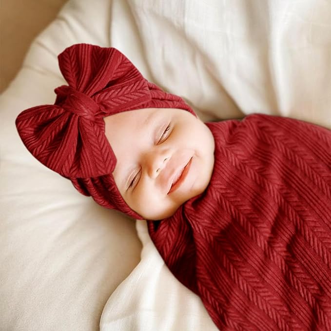 Newborn Receiving Blanket with Bow Hat Mittens Wooden Card Set Wheat-Pattern Newborns Toddler Baby Boy Girl Nursery Swaddle Wrap