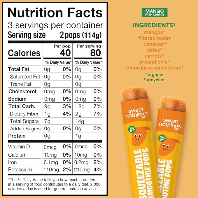 Sweet Nothings, Mango, USDA Organic Kids' Squeezable Fruit Smoothie Popsicle Pops, Value Pack of 24 - Dye-Free, No Added Sugar, Dairy-Free, Vegan, Organic Fruit and Veggie Pops, Freeze & Enjoy