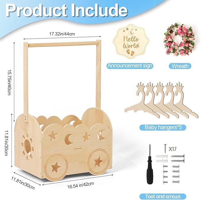 Wooden Baby Shower Basket with Hanger Rack - Personalized Baby Gift, Newborn Essentials Organizer for Nursery, Welcome Gift Basket for Newborn, Pregnancy Gifts for New Parents.