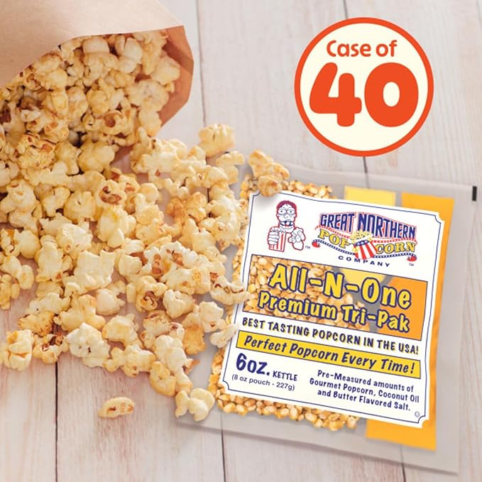 6 oz Popcorn Packs – Pre-Measured, Movie Theater Style, All-in-One Kernel, Salt, Oil Packets for Popcorn Machines by Great Northern Popcorn (40 Case)