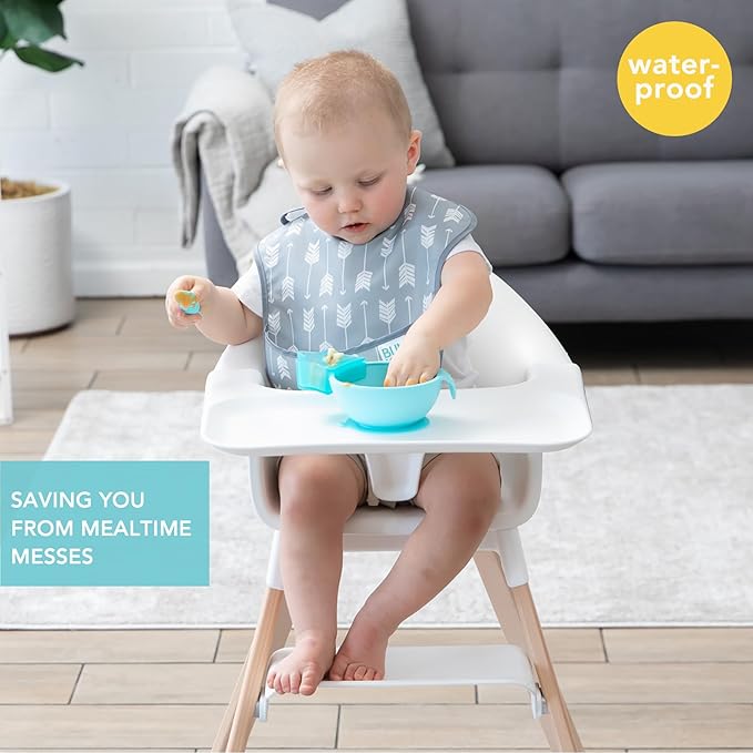 Bumkins Bibs for Girl or Boy, SuperBib Baby and Toddler for 6-24 Mos, Essential Must Have for Eating, Feeding, Baby Led Weaning Supplies, Mess Saving Catch Food, Waterproof Soft Fabric, Gray Arrows